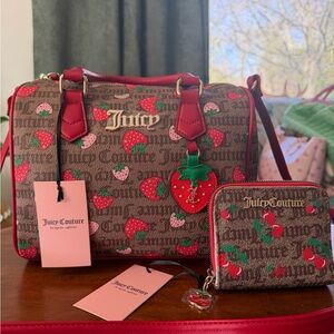 Juicy Couture Strawberry Print Satchel Handbag in Brown/Red with matching wallet